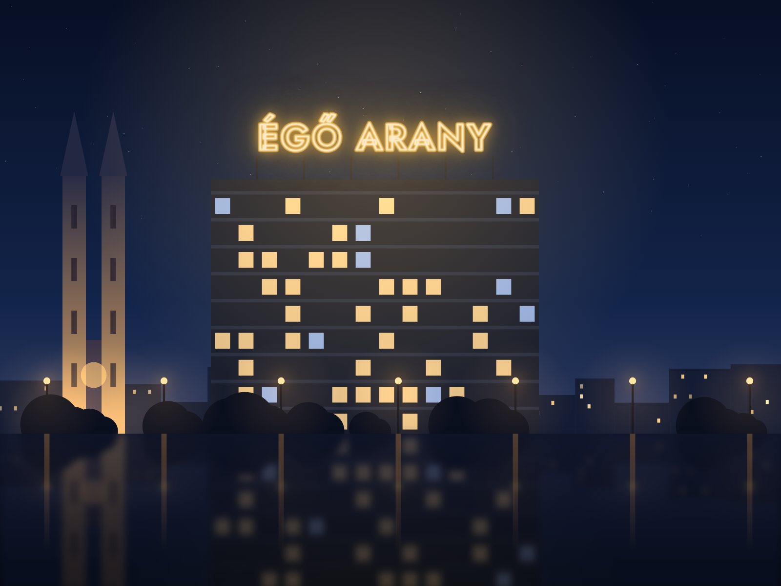 A szegedi olajosház az Égő Arany neonfelirattal, háttérben a Dóm tornyai (illusztráció)