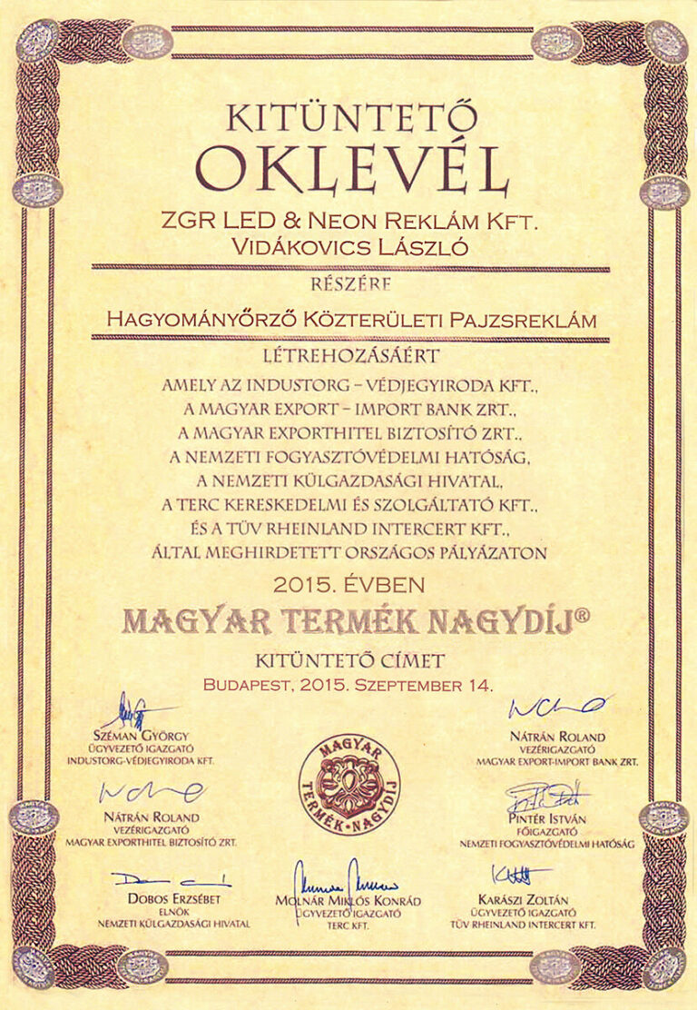 Kitüntető oklevél — Magyar Termék Nagydíj® 2015, a hagyományőrző közterületi PAJZS reklámért