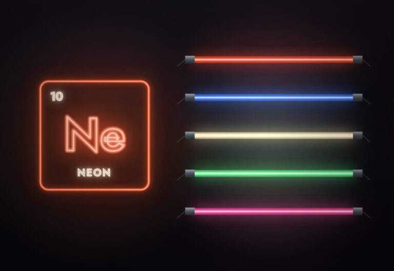 Tudnivalók a neonról – neoncsövek színei A neon vegyjele izzó keretben és öt különböző színben világító neoncső elektródákkal (illusztráció)